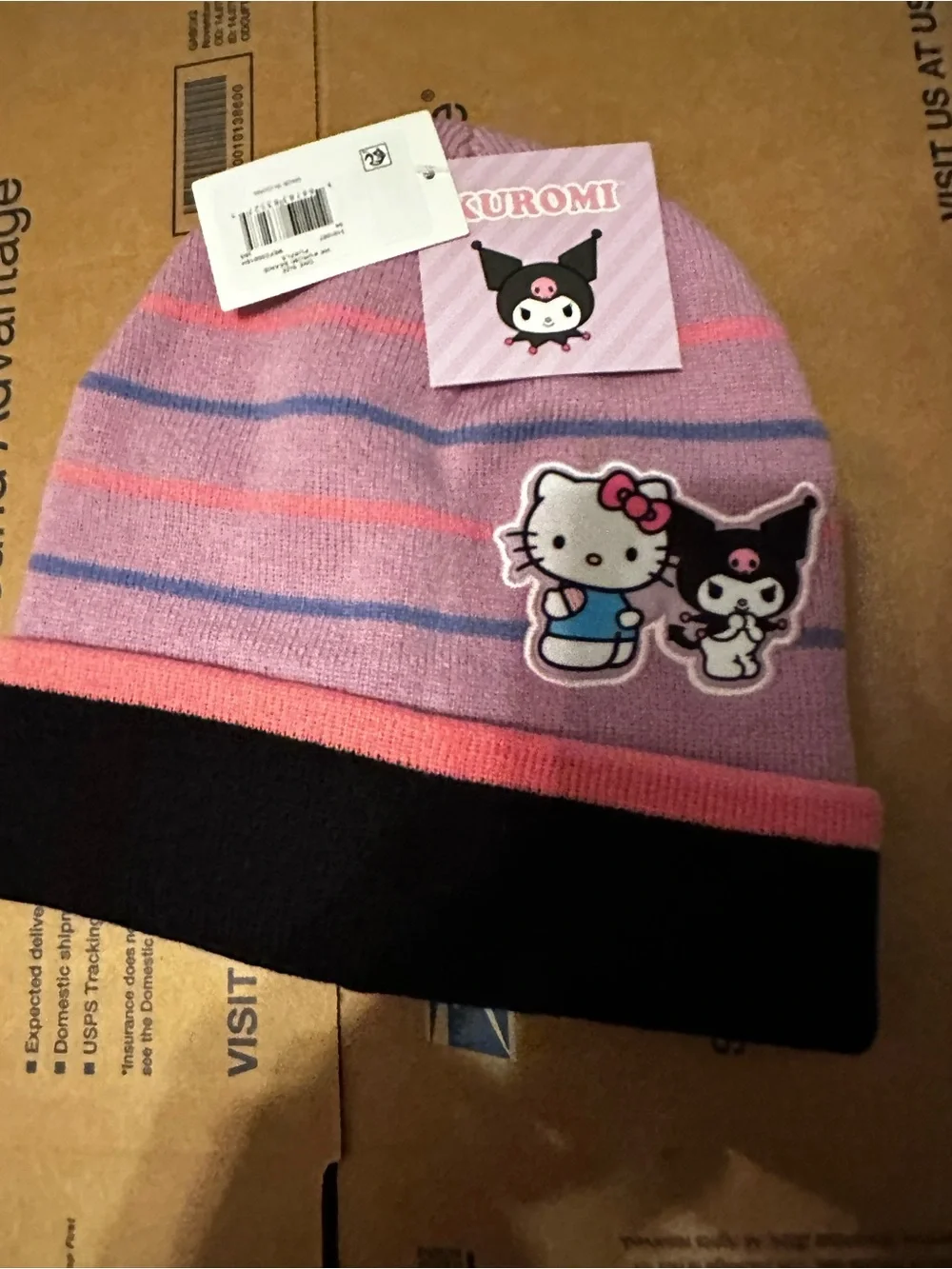 Sanrio Pink Lavender Striped Beanie with Hello Kitty & Kuromi Patch